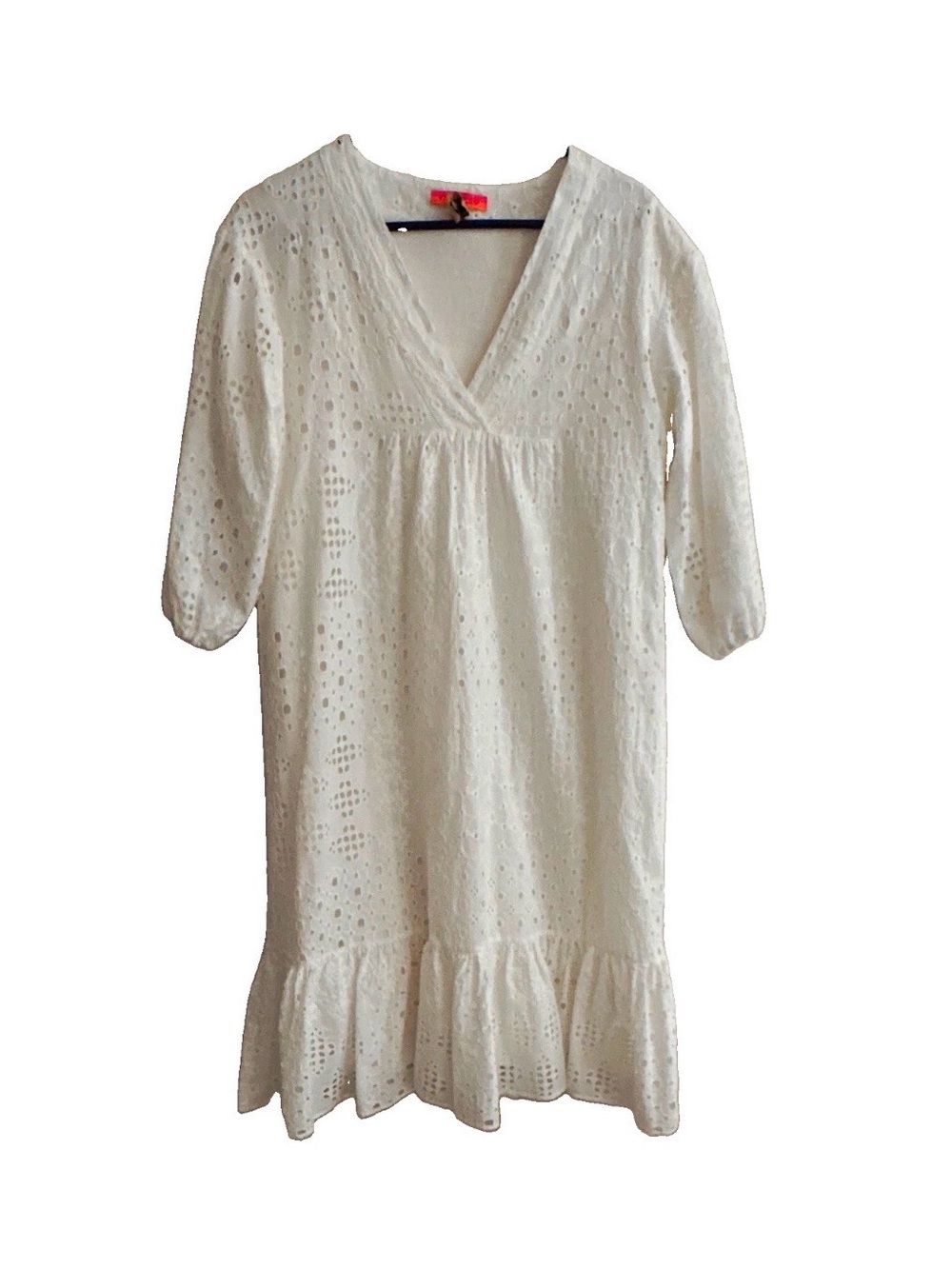 Vilagallo Cream Eyelet V‑Neck Tunic Dress with Ruffle Hem